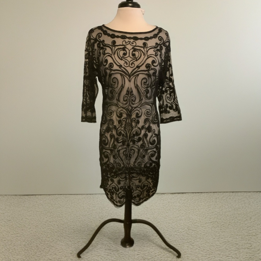 Catherine Malandrino Black Devore Burnout Mesh Overlay Nude Slip Dress Size M
